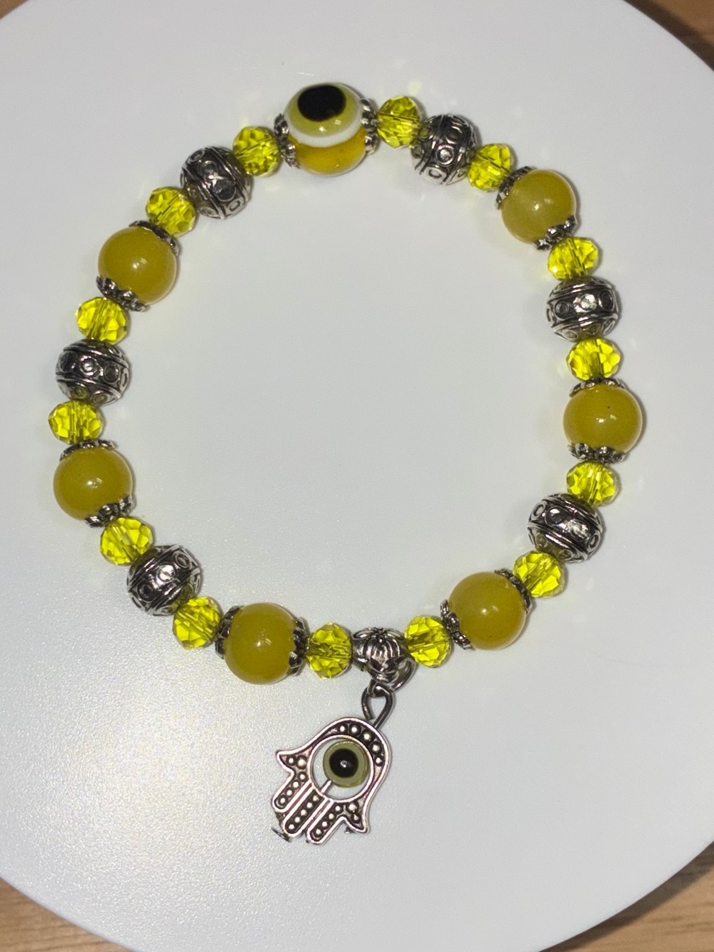 Yellow Beaded Hamsa Stretch Bracelet with Silver Accents